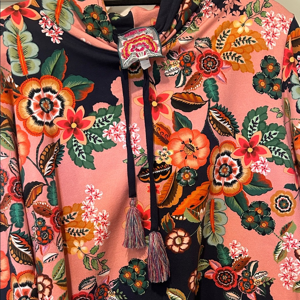 Johnny Was Floral Print Hoodie Top in Pink and Black